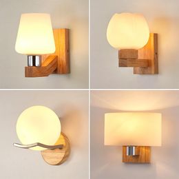 Wall Lamp Modern Solid Wood LED Lamps E27 Glass Lampshade Bedroom Bedside Design Living Room Decoration Lights Fixtures