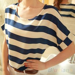 Women's T-Shirt Wholesale Fashion Womens Batwing Chiffon Striped Short Sleeve Loose Summer Tops For Women 06WH1