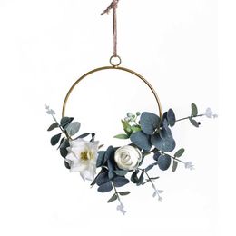 Eucalyptus Wall Hanging Wreath Decoration Artificial Rose Flower Wood Hoop Wreath For Wedding Backdrop Floral Wreath #1 Q0812