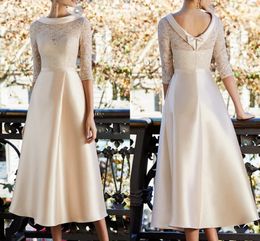 Champagne Mother of the Bride Dress 2024 Elegant Jewel Neck Tea Length Lace Satin Half Sleeve Formal Wedding Guest Gown