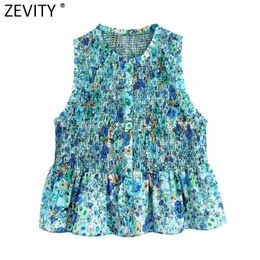 Zevity Women Sweet Floral Print Elastic Slim Short Smock Blouse Female Sleeveless Vest Shirts Chic Hem Ruffles Crop Tops LS9269 210603