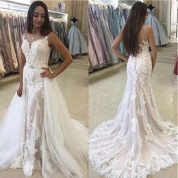 Lace Wedding Dresses Overskirt Detachable Train Bridal Gowns Jewel Neck Vintage Formal Wedding Wear Plus Size Dress
