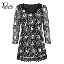 Yitonglian Women Vintage Crochet V-Neck Classic Silver Trending Floral Lace Blouse Plus Size Tunic Tops Oversize Shirt H429 220122