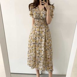 Sexy V-Neck Elastic Waist Puff Sleeve Chiffon Dress Summer Korean Women's Vintage Printed 210529