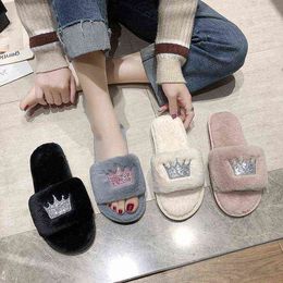2022 Korean crown Sequin single line Plush warm Plush sweet wind slippers women's flat cotton slippers