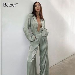 Bclout Green Vintage Two Piece Sets Women Autumn Sets Of Elegant Woman Long Sleeve Top And High Waist Pants 2 Piece Set Female 210819