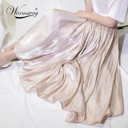 Elegant Solid Midi Pleated Skirt Women Korean High Waist Summer Ladies Satin Maxi Skirt Female Faldas Saia B-113 210309