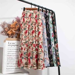 Croysier Skirts High Waist Floral Print Mid Calf Long Pleated Skirt Women Summer Vintage Elegant Chiffon Midi Skirt 210730