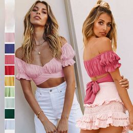 Solid Colour one-line collar back tie lantern sleeves ruffled top exposed umbilical ultra-short sexy slim short-sleeved T-shirt Y0621