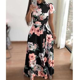 Flower Print Long Sleeve Maxi Dress Spring Autumn Casual Slim Sashes Women Elegant Robe Party es Plus Size S-5XL Y0823