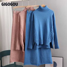 GIGOGOU Warm Turtleneck Sweater Costume Oversized Loose Drop Sleeve Cashmere Sweater Tracksuits Knitted Wide Leg Pants Suits 211126