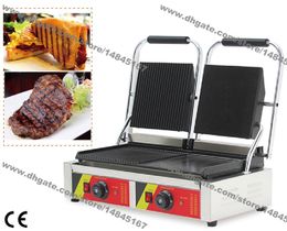 Commercial Use Non-stick 110v 220v Electric Ribbed + Smooth Steak Sandwich Panini Double Contact Grill