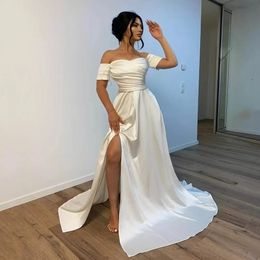 Ivory A-Line High Slit Satin Prom Dresses Sweetheart Off Shoulder Short Sleeves Evening Gowns Saudi Arabia Party Dress M356
