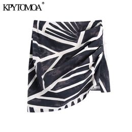 KPYTOMOA Women Chic Fashion Printed Draped Asymmetry Mini Skirt Vintage High Waist Side Zipper Female Skirts Mujer 210629