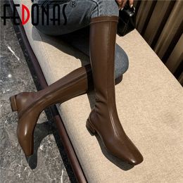 Zipper Buckle Straps Booties Woman High Fall Winter Genuine Leather Shoes Casual Basic Knee Boots 210528