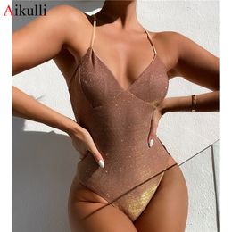 Shiny One Piece Swimsuit Women Swimwear Sexy V Neck High Cut Swimming Suit Female Monokini Bodysuit Beach Bathing Suit Swim 210315