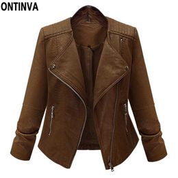 Lady Leather Short Coffee Brown Colour Jacket Plus size L XXL 3XL 4XL 5XL Fashion Spring Winter Basic Outwear Tops Clothing 210527