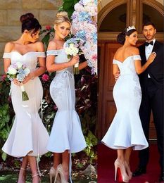 Modest Tea Length Mermaid Bridesmaids Dresses 2021 Off Shoulder Open Back High Appliques Short Country Maid Of Honour Party Prom Gowns Cheap