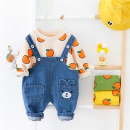 HYLKIDHUOSE Spring Toddler Infant Clothing Sets Long Sleeve T Shirt Cartoon Jeans Outdoor Baby Girls Boys Clothes Suits 210312