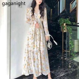 Women's Chiffon Dress Female Vintage Floral Printed Long Sleeve Ankle-Length Dresses Spring Summer Vestidos Femme 210601