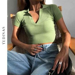 Yedinas Summer Vintage Polo Shirts Women Sexy Slim Cropped Top Knitted Deep V-Neck T-shirt Female Solid T Shirt Streetwear 210720