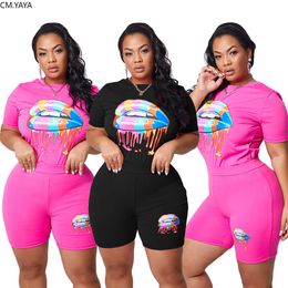 CM.YAYA Plus Size XL-4XL Women Lips Print Tee Tops Shorts Jogger Pants Suit Two Piece Set Sport Tracksuit Outfits Matching Set Y0625