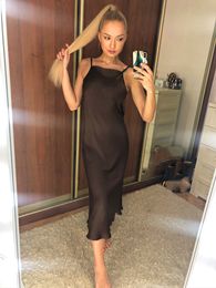 2020 Autumn Sexy Satin Smooth Sling Dress Women Square collar Backless Long Dress Female Solid Colour Fashion Slim Party Dresses Y0118