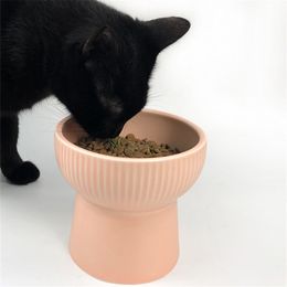 New High Base Ceramics Cat Bowl Neck Health Protection 4-colors Simple Grain for Cat Dog Food and Water Pet Feeder Supplies Y200922