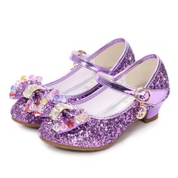ULKNN Girls High-heeled Shoes New Sequins Spring Shoes Small Girls Princess Students Performance Bow Shoes Red, Purple 210306