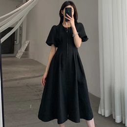 4XL Elegant Dress For Women Black Long Puff Sleeve Zipper A Line Party Club White Midi Dress Plus Size 2021 Summer Vestidos Y0603