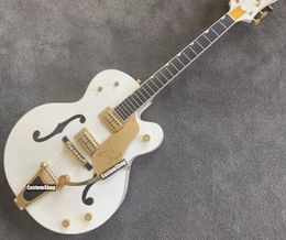 Custom White Falcon 6120 Single Cutaway Hollow Body Jazz Electric Guitar Grover Imperial Tuners, Oversized Bound F Holes, Gold Sparkle Binding, Bigs Tremolo Bridge