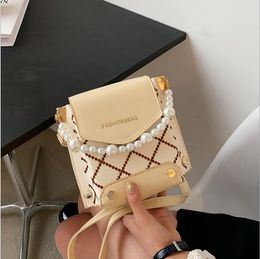 girls princess handbags fashion woman Simple rhomboid embroidered line mobile phone bag 2021 trend kids pearl one shoulder small square crossbody bags F462