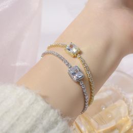 Link, Chain Ins 14k Real Gold Super Flash Big Zircon Luxury Bracelet Noble Bling Wedding Banquet Wear Jewelry Holiday Gift