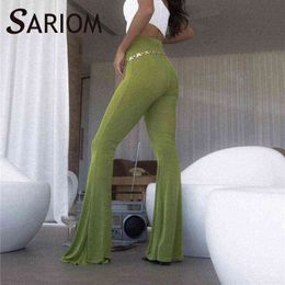 Vintage Push Up Flared Pants Women High Waist Bodycon Y2k Fashion Long Trousers Casual Solid Green Black Stretch Joggers Spring 211124