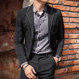 Blazer Men Black Grey Casual Mens Blazer Jacket Business Dress Stage Costumes Vintage Blazer Wedding Jacket Men Suit Coat 210527