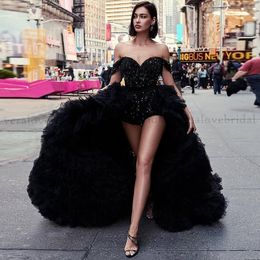 Trending Sexy Black Prom Dress A Line Ruffles Skirt Sequins Short Evening Party Gown Off the Shoulder Reception Red Carpet Gown