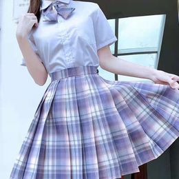 School Girl Women's JK Skirts Japanese Pleated Uniform Two Piece Dress High Waist A-Line Plaid Skirt Korean Preppy Style Summer Bow Shirt For Woman Full Set