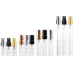 2.5ml 3ml 5ml 10ml Clear Scale Perfume Glass Bottle Black Gold Silver Lid Parfum Spray Atomizer Empty Cosmetic Packaging 50pcs