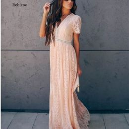 Sexy Women Boho Maxi Lace DrLong Party Bridesmaids Infinity Robe Femme Embroidery Casual Dresses Short Sleeve Vintage Dress X0621