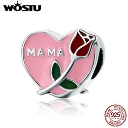 WOSTU Original 925 Sterling Silver Rose For MA Pink Heart Charm fit Beads Bracelet Mother Birthday DIY Jewelry Gift CQC652 Q0531