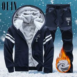 OEIN Inner Fur Mens Tracksuits Winter Men Sets Warm Hoodies Suit Casual Fleece Lined Sweatshirts Men 2 Piece Set Sportswear 211123