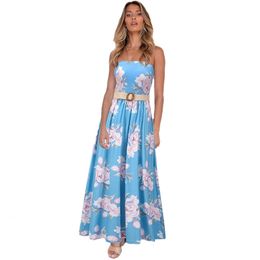 Sling Tube Top Dress Women Summer Fashion High Waist Slim Print Vacation Beach Bohemia Long Dresses Female LR1324 210531