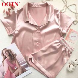 OOTN Two Pieces Summer Pyjamas For Women's Sets Casual Solid Silk Pyjamas Short Sleeve Shirts + Shorts Nighties Sleepwear 210809