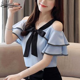 Blusas Mujer Sexy Off Shoulder Tops Bow V-neck Chiffon Blouse Short Sleeve Blouse Women Summer Tops Female Shirt 14096 210527