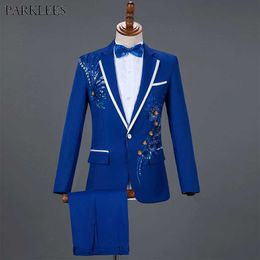 Royal Blue Sequin Embroidery Suit Men Wedding Groom Tuxedo Suits Pants Mens One Button Peak Lapel Stage Costume Traje Hombre 2XL X0909