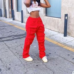 Women's Red Stacked Sweatpants High Waist Tracksuits Y2K Harajuku Joggers Streetwear Mall Goth Cargo Pants Safari Trousers 220311
