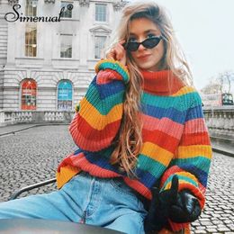 Simenual Rainbow turtleneck sweaters women winter jumpers knitted clothes fashion striped oversized pullover female sale T200101