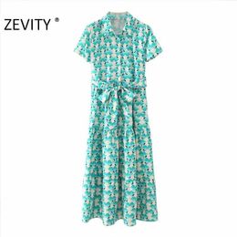 ZEVITY Women fashion short sleeve Floral Print Shirtdress office lady bow tie sashes Casual slim Vestido Chic Dresses DS4524 210603