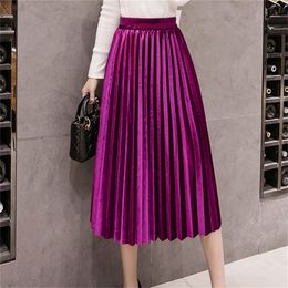 Autumn Winter Velvet Skirt High Waisted Skinny Large Swing Long Pleated Skirts Metallic Plus Size Faldas Saia Fashion Femal T200106