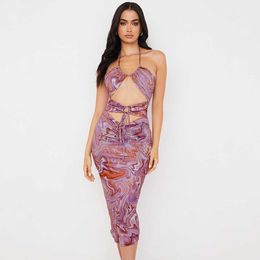 Woman Dress Print Halter Lace-up Backless Hollow Out Long Dress for Summer Sexy Night Club Street Dress for Women 210712